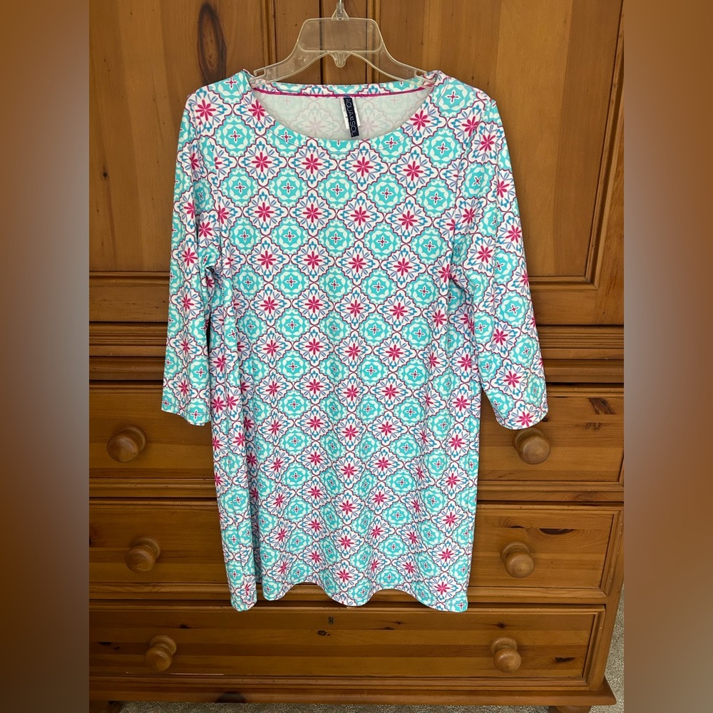 AQUA ET SOL Sz Medium Blue Pink Floral 3/4 Sleeve COVER UP Dress Swim Wo…